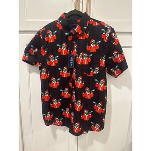 VSTR Mens Santa Skeleton Drinking Christmas holiday button down Black Medium NWT